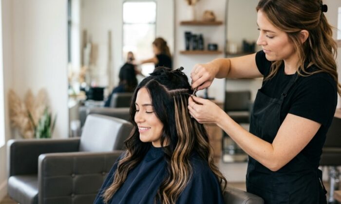 hairstylist adding hair extensions to customers hair