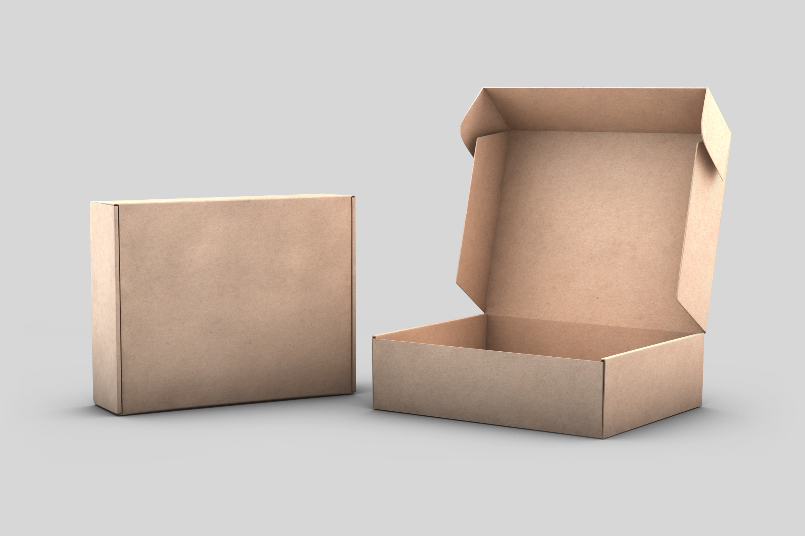 Two custom cardboard packaging boxes, one closed and one open, on a white background