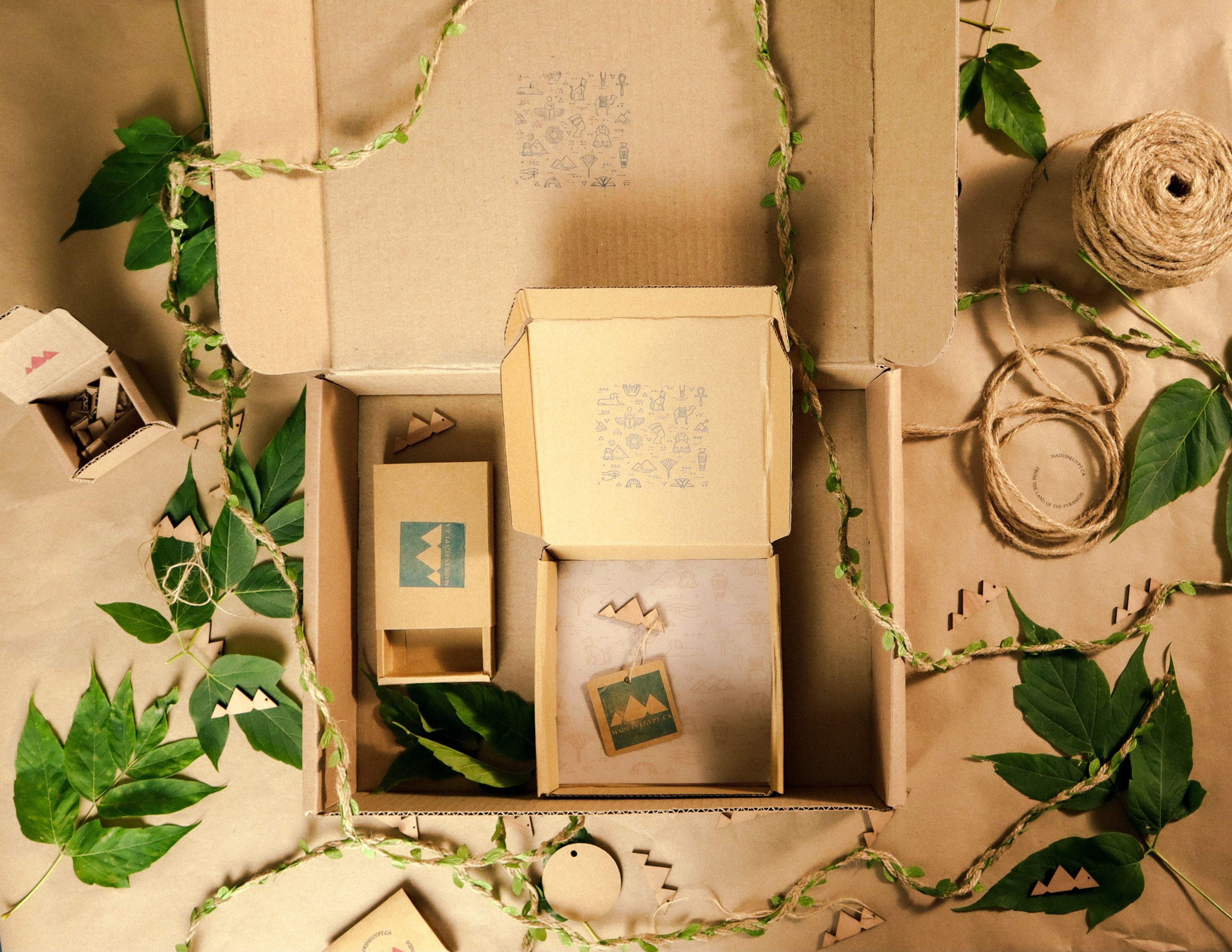 Flat lay of eco-friendly kraft cardboard packaging boxes with natural leaves